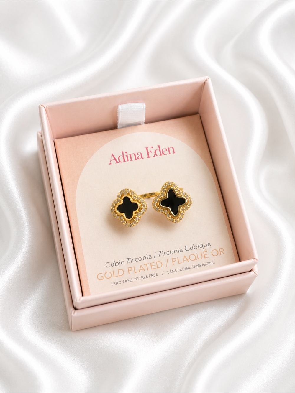 Adina Eden Gold Plated Ring with Black Clover Inlay and CZ Halo